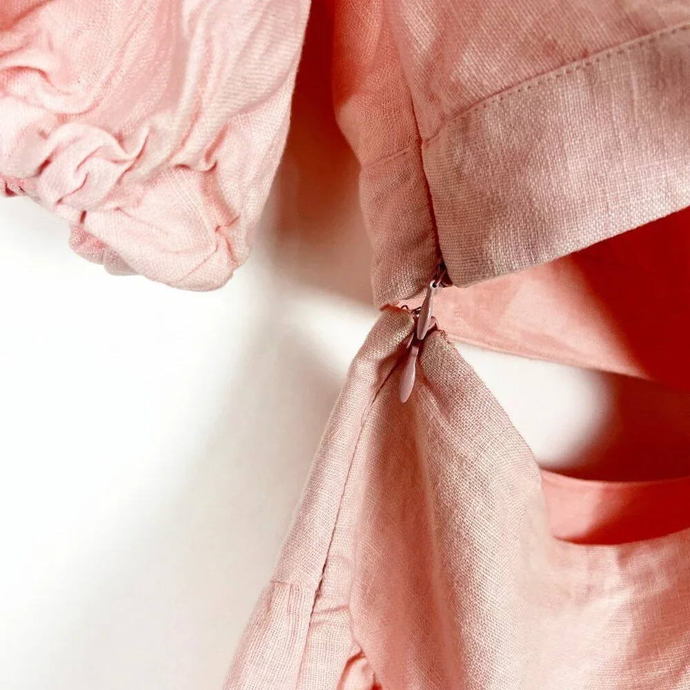 Bardot Mimi Cutout Dress 100% Linen Mini Women's Size US6 Soft Pink Puff Sleeves - Picture 5 of 15